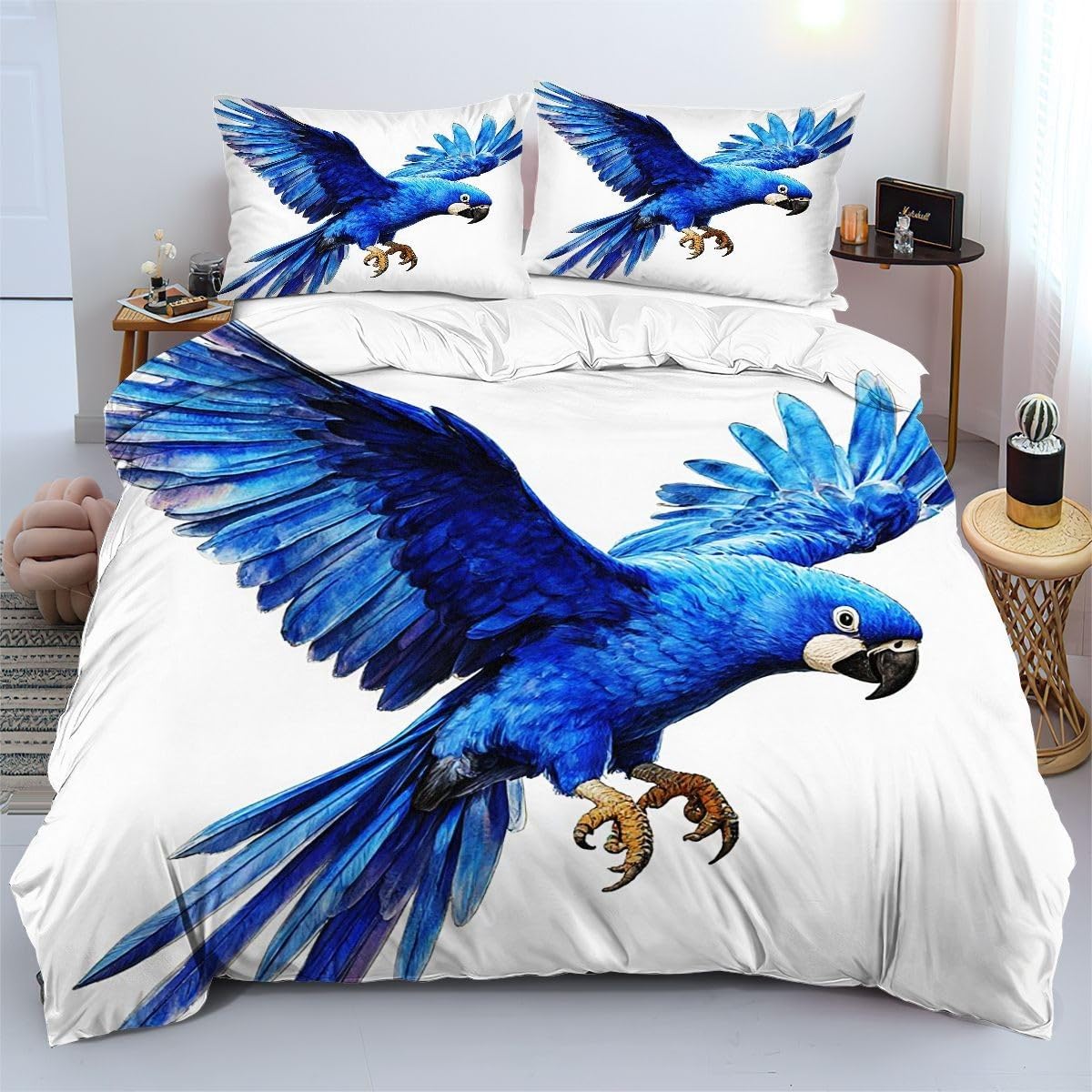 Housse de couette 90x190 perroquet bleu sans repassage pour simplifier le quotidien