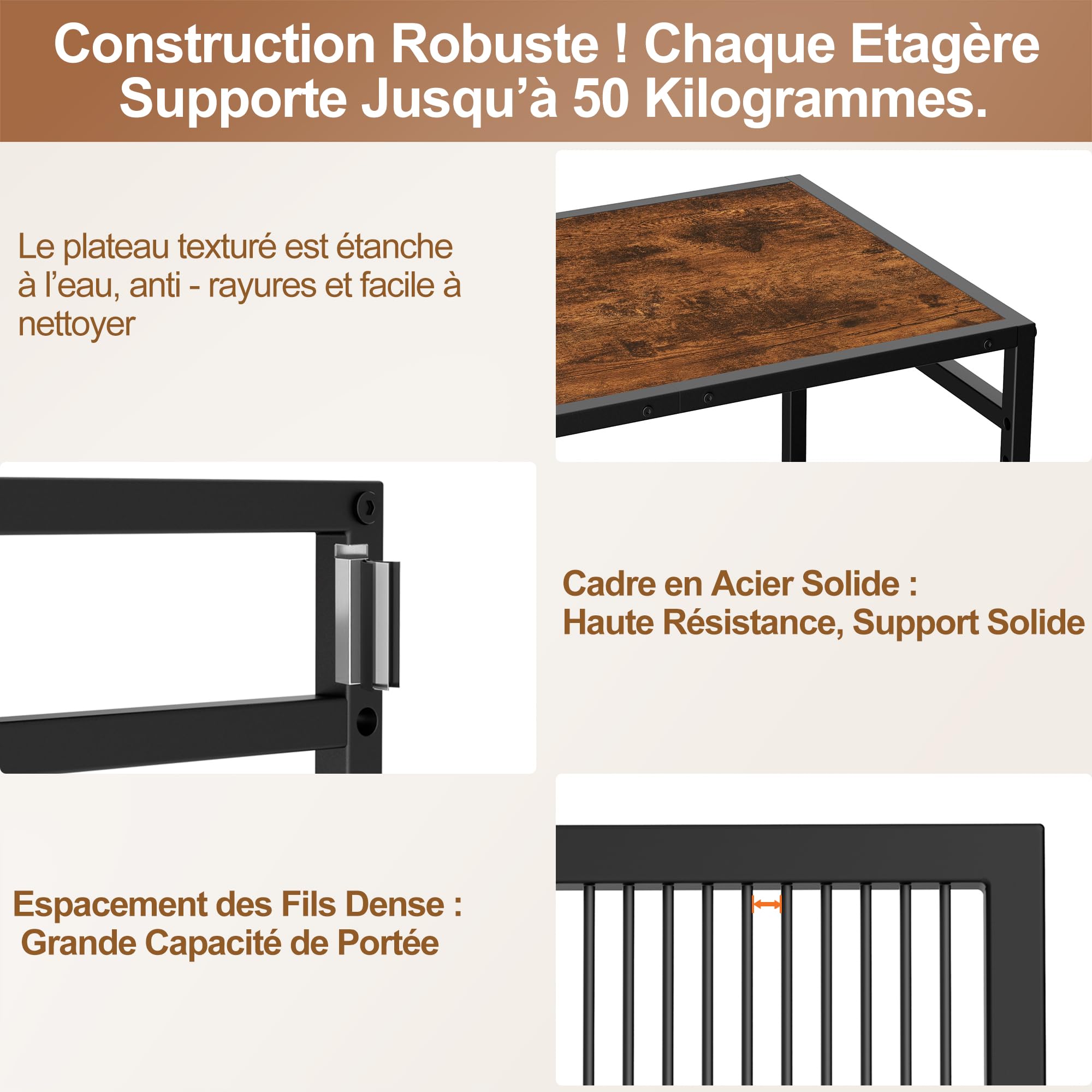 Desserte à roulettes Cuisine Rangement,Chariot de Cuisine (Cadre Noir + Panneau Marron, 3 Niveaux (40 x 60 x 84.7 cm)