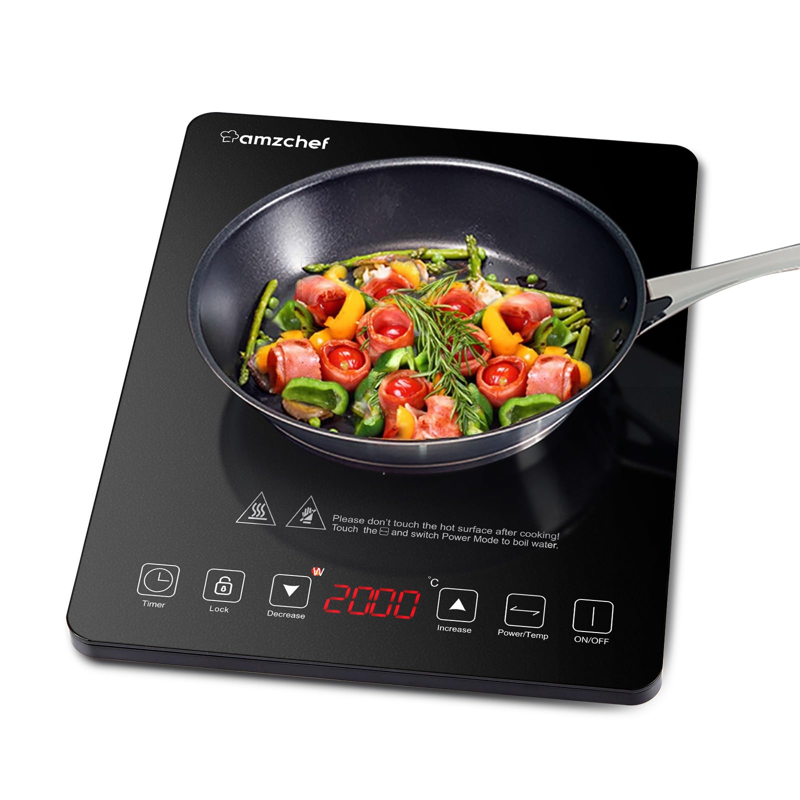 AMZCHEF Portable Induction Hob, 2000 W Induction Hob with Ultra-thin Design, 20 Temperature Levels and 20 Power Settings, 3 Hour Stopwatch, Safety Lock, Black