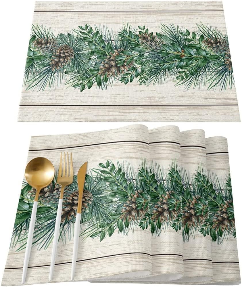 Wood Grain Vintage Pine Cones Table Runners Holiday Wedding Decor Dinning Cover Christmas Cloth(4pcs Table mat)