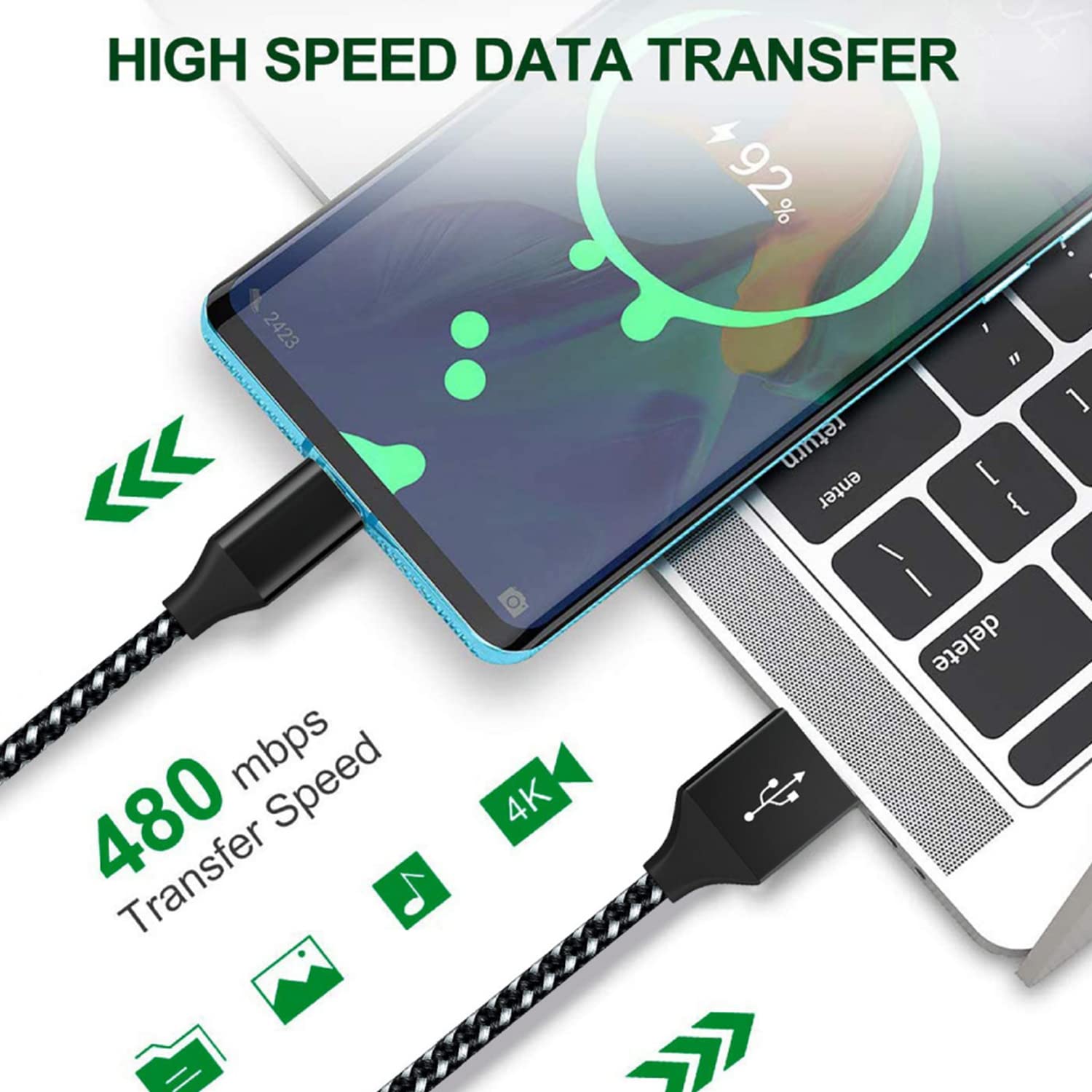 Kabel ładowarki Micro USB 3M, 3-sztuka USB 2.0 A-męski do kabla mikro, Kabel ładowarki Micro USB Android Szybkie ładowanie 480 Mbps Prędkość transmisji danych