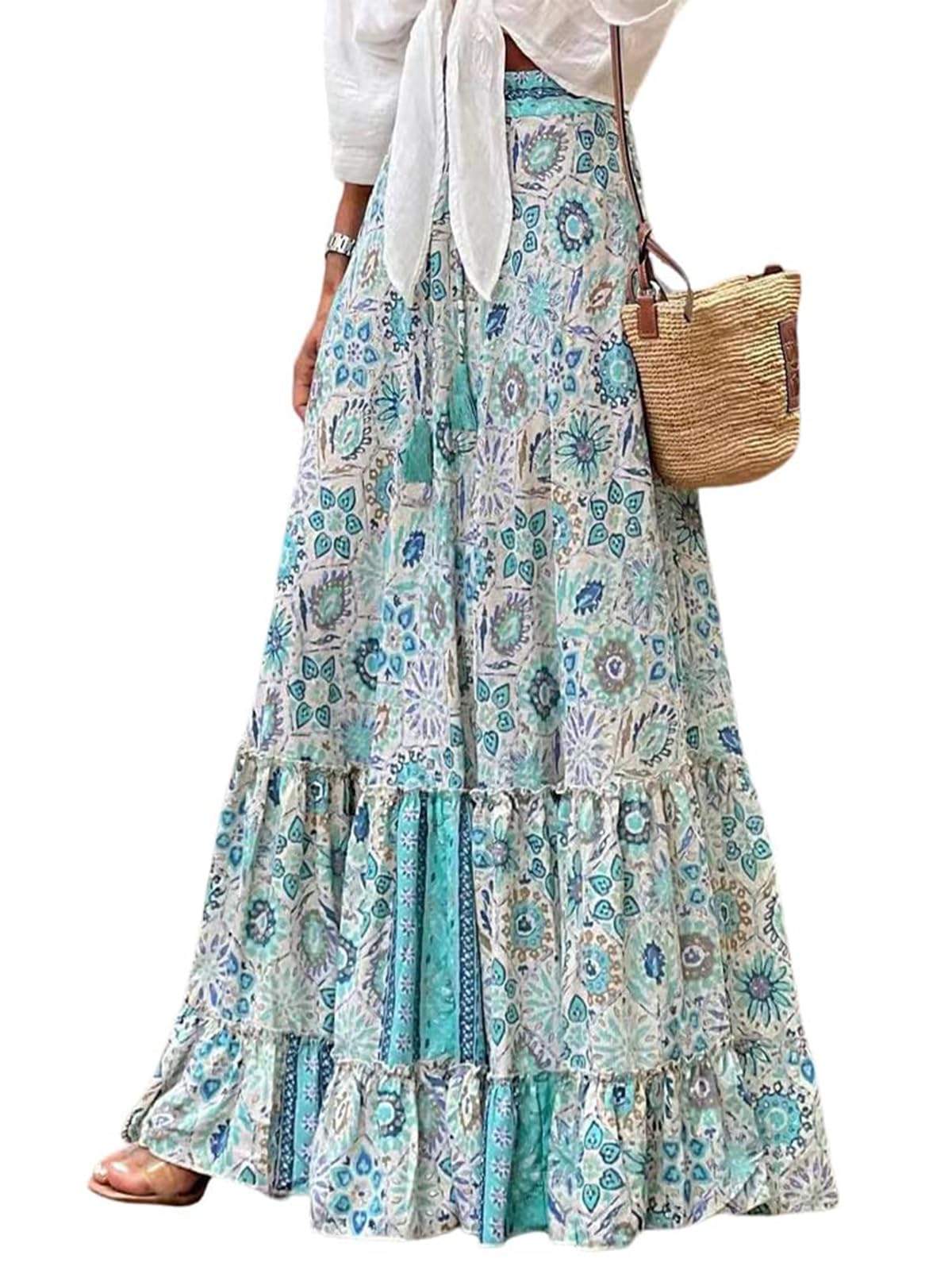 LIAMERHE Jupe Longue Femme d'été Maxi Jupe Bohème Ligne A Taille Haute Élastique Jupes Imprimé Jupe de Plage Jupe de Loisirs Décontractée Chic