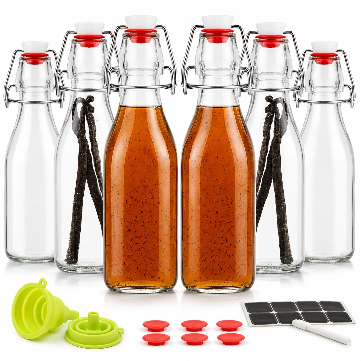 WILLDAN Juego de 12 botellas de vidrio de 8.5 onzas con tapa abatible para kombucha, kéfir, extracto de vainilla, cerveza, tapas herméticas y tapas a prueba de fugas, juntas y embudo adicionales