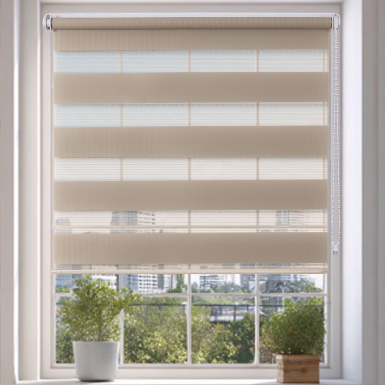 Day and Night Blinds Zebra Blinds No Drill Roller Blinds for Windows Blackout Stick On Self Adhesive Easy Fit Window Blind for Home Bathroom Bedroom Kitchen (Beige, 45W x 160H cm)