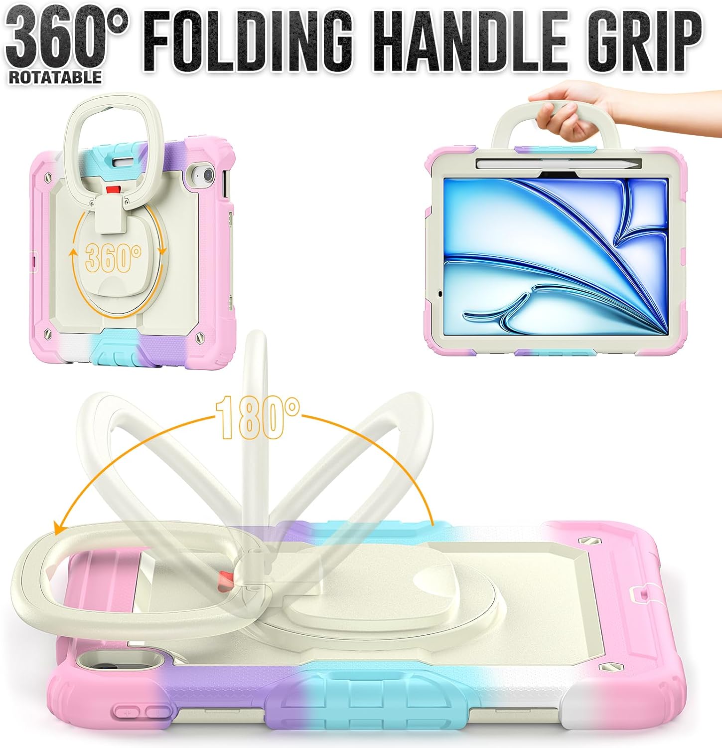 SCSVPN Kids Case for iPad Air 11 Inch M4 / M3 / M2 (2026/2025/2024), Heavy Duty Shockproof Protective Case with Screen Protector, Rotaing Stand/Handle, Shoulder Strap, Pencil Holder (Colorful Pink)
