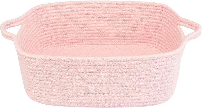XUANGUO Woven Cotton Rope Storage Basket with Handles for Organizing Shelves Closet Small Cat Dog Pet Toy Basket Box Bin Decorative Rectangle Baby Nursery basket Gift Basket Empty Light pink
