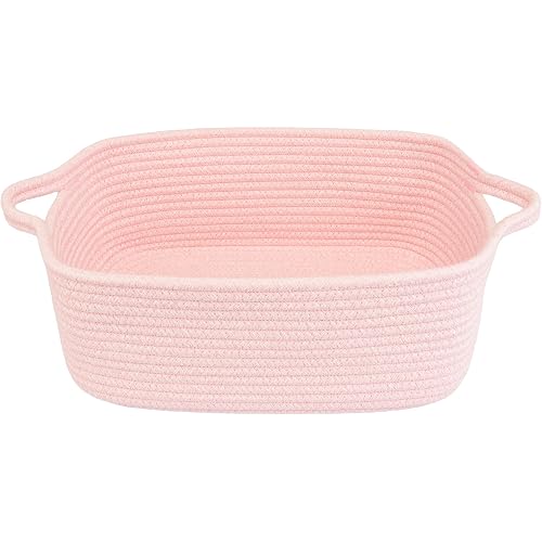 XUANGUO Medium Woven Cotton Rope Storage Basket with Handles, Light Pink