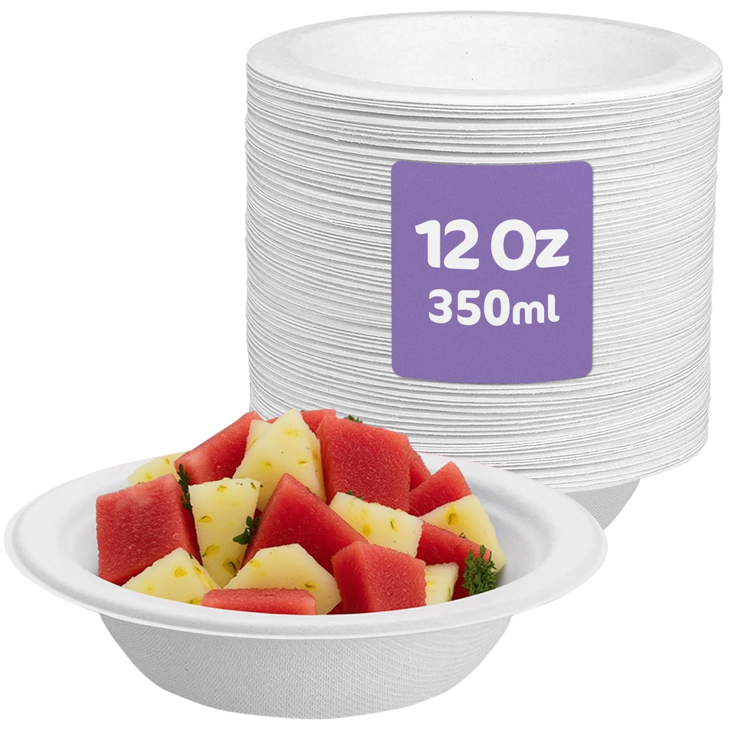 Isoul White Compostable Bagasse Disposable Bowl 350Ml, 12Oz Paper Soup Bowls For Milk Salads For Milk Salads, Soups Picnics Bbq Parties Rigid Salad Bowls Sugarcane Paper Bowl 200 Pack