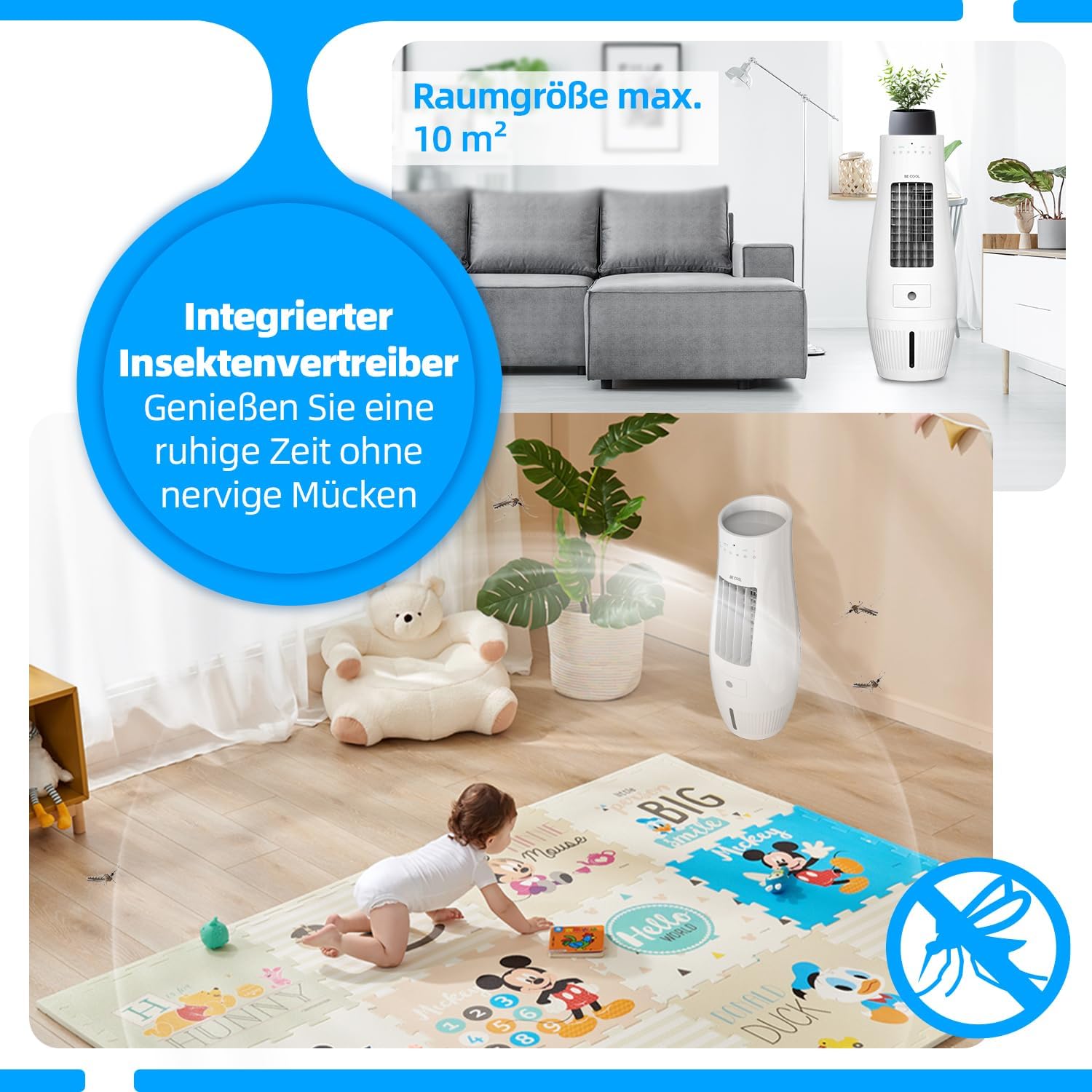 BE COOL Air Cooler with integrated insect repellent and maximum room size of 10 square meters.