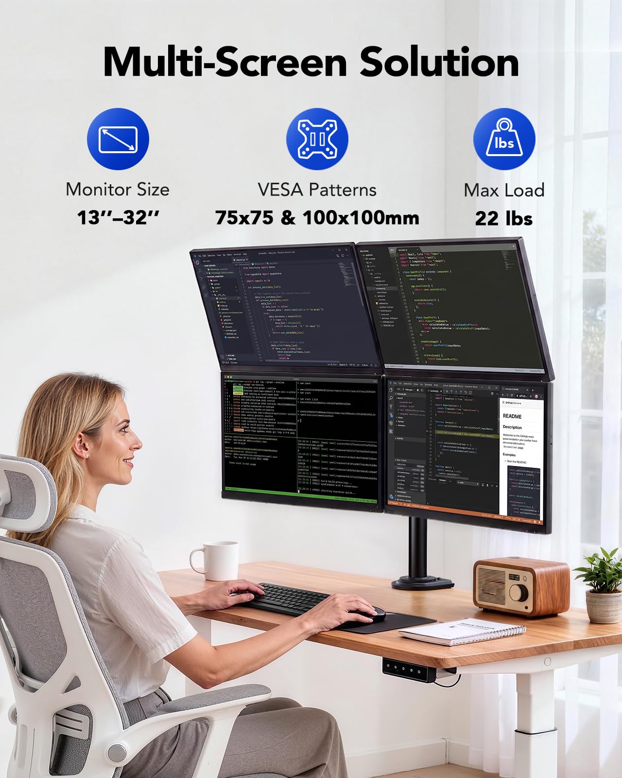 HUANUO Supporto 4 Monitor- Braccio monitor LCD per impieghi gravosi con articolazione completa, adatto a 4 schermi fino a 27 pollici - Ogni braccio sostiene fino a 10 kg, VESA 75x75-100x100 mm