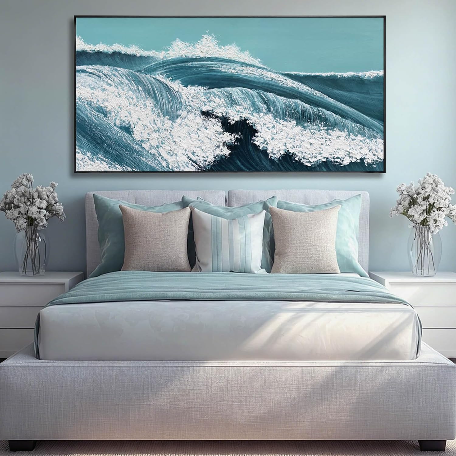 CHUDANHAO Canvas Wall Art Decor for Living Room Large Artwork for Walls Blue White Wave Pictures Modern Abstract Textured Beach Ocean Paintings Prints Bedroom Office Decor 29"x58"