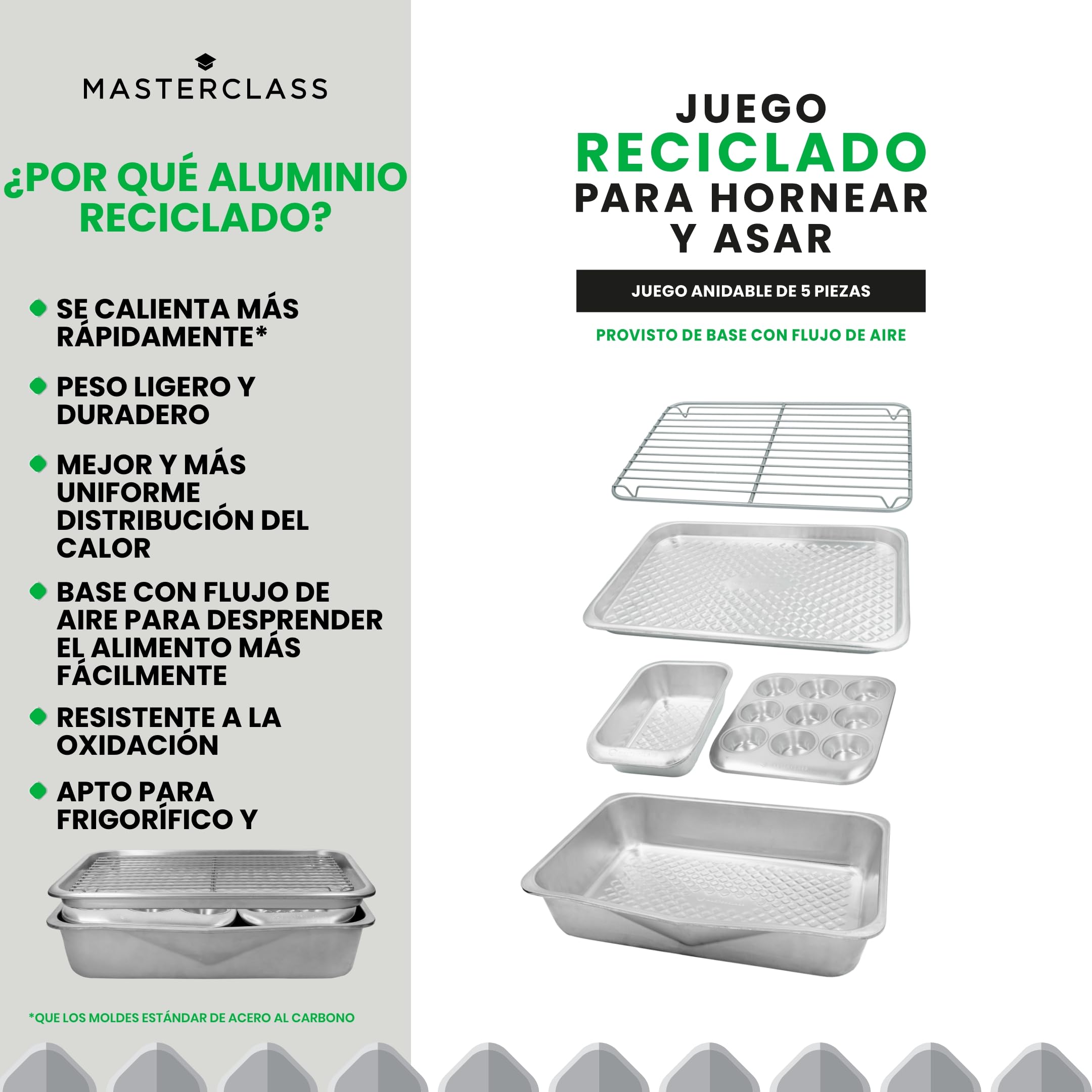 MasterClass Juego de horneado de 5 piezas de aluminio reciclado , juego apilable con bandeja para asar, molde para magdalenas, molde para pan de 2 lb, bandeja para hornear y rejilla metálica