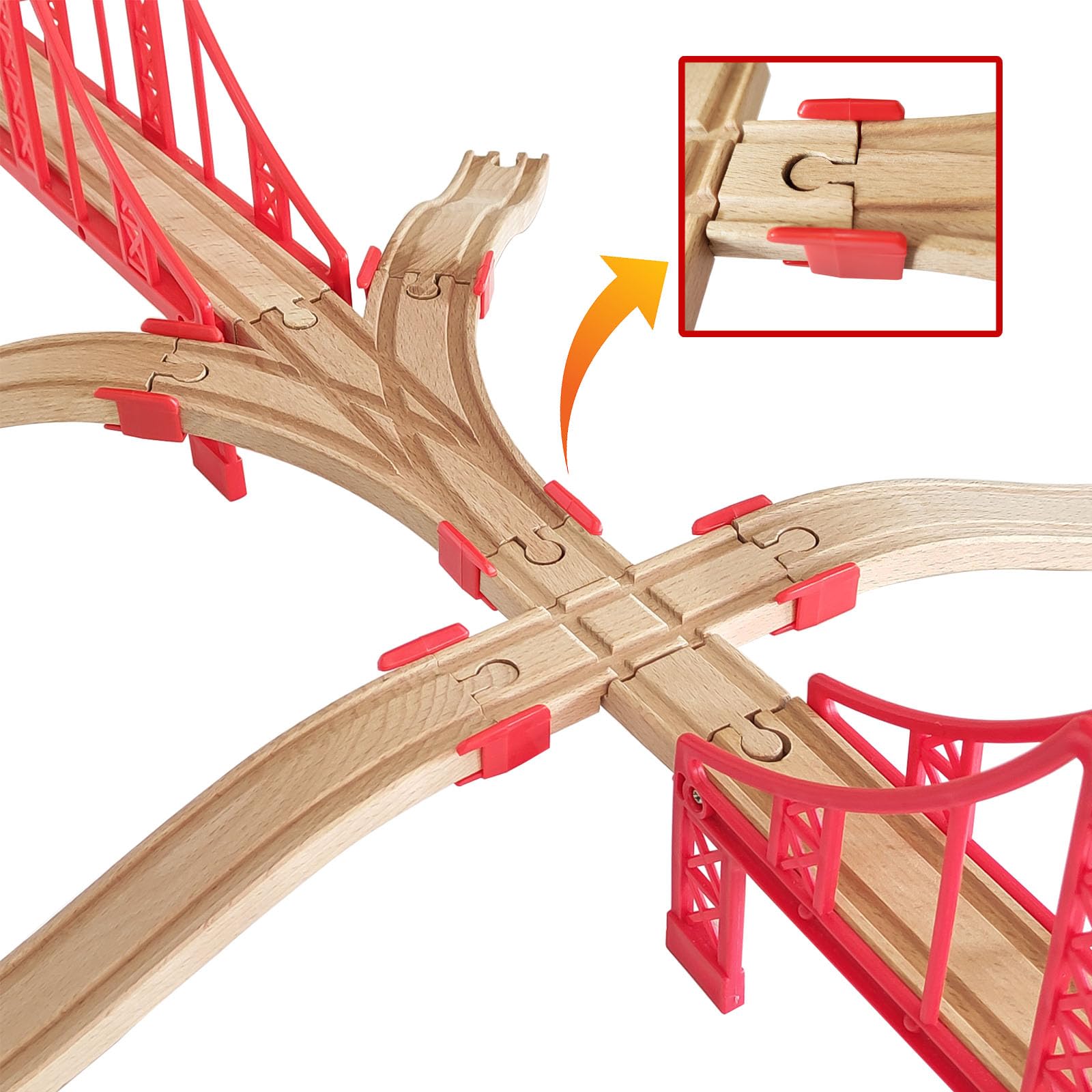 Juego de accesorios de madera para vías de tren, juego de puentes colgantes rojos grandes, compatible con todas las principales marcas, regalo de cumpleaños de Navidad para niños y niñas, paquete de