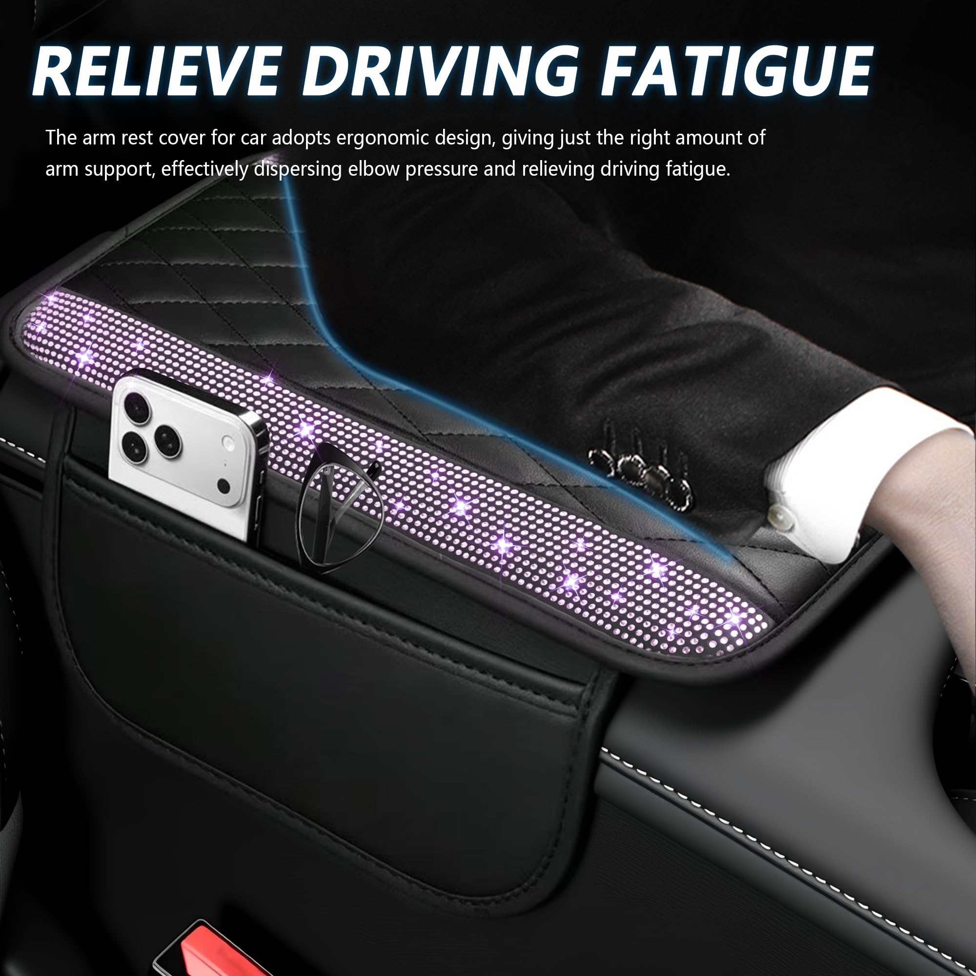 Stacool Upgraded Car Center Console Cover with Rhinestones,Microfiber Leather Car Armrest Cover Cushion with 2 Storage Bags,Universal Cars Armrest Storage Box as Cars Interior Accessories view 4