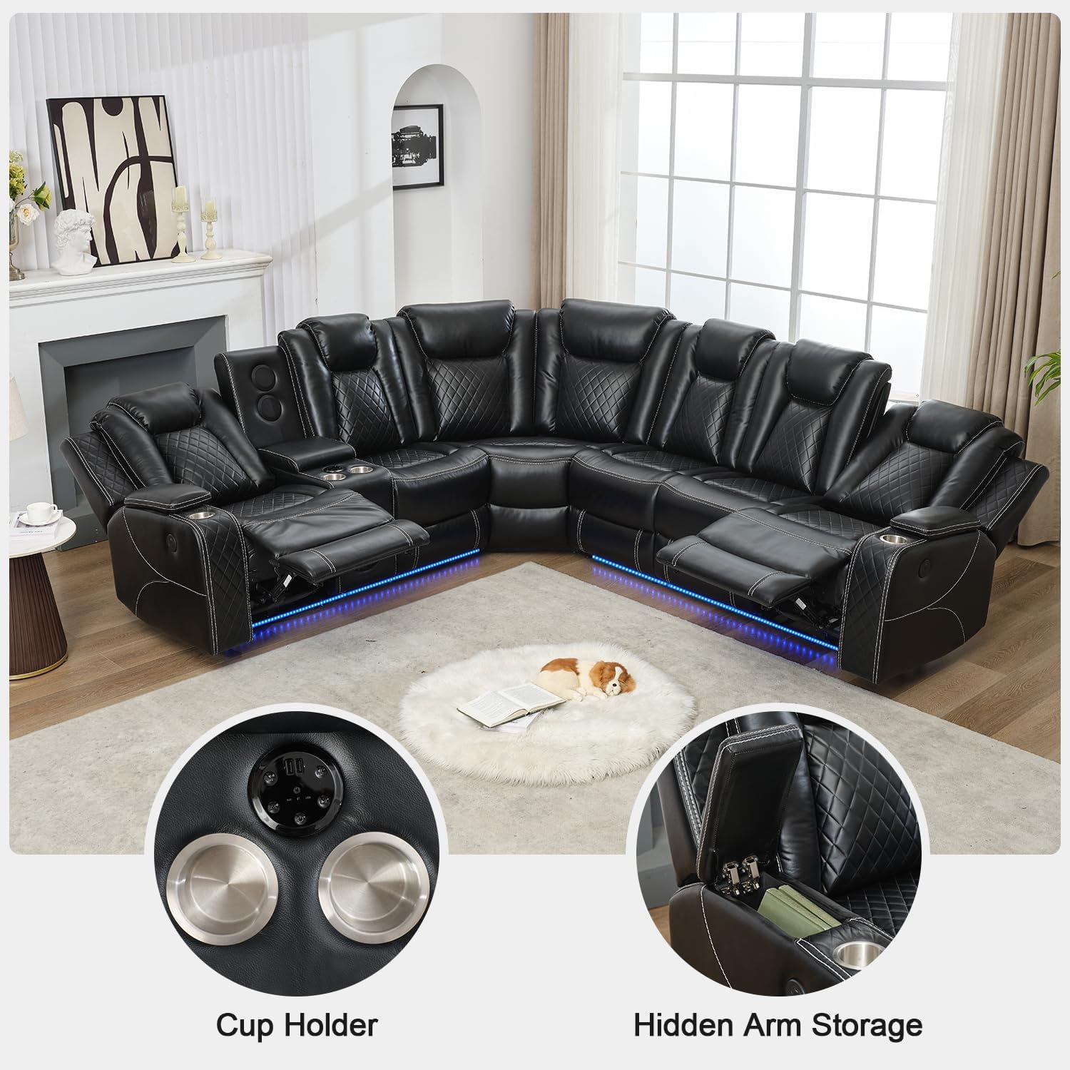 Power Recliner Sectional Sofa with Bass Speaker,Wireless Charger,Electric Reclining Sectional Sofa with 2 Faux Leather Recliner,LED Strip,Reading Light,Type-C USB Port,Cup Holder,Storage Console Black