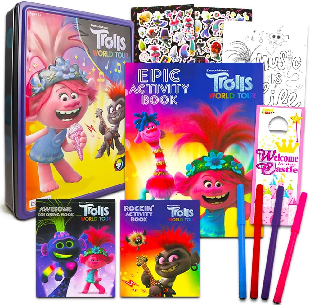 World Tour Tin Activity Book Set - 3 Trolls Coloring Books, Trolls Stickers, Markers, Poster, and Licensed Door Hanger