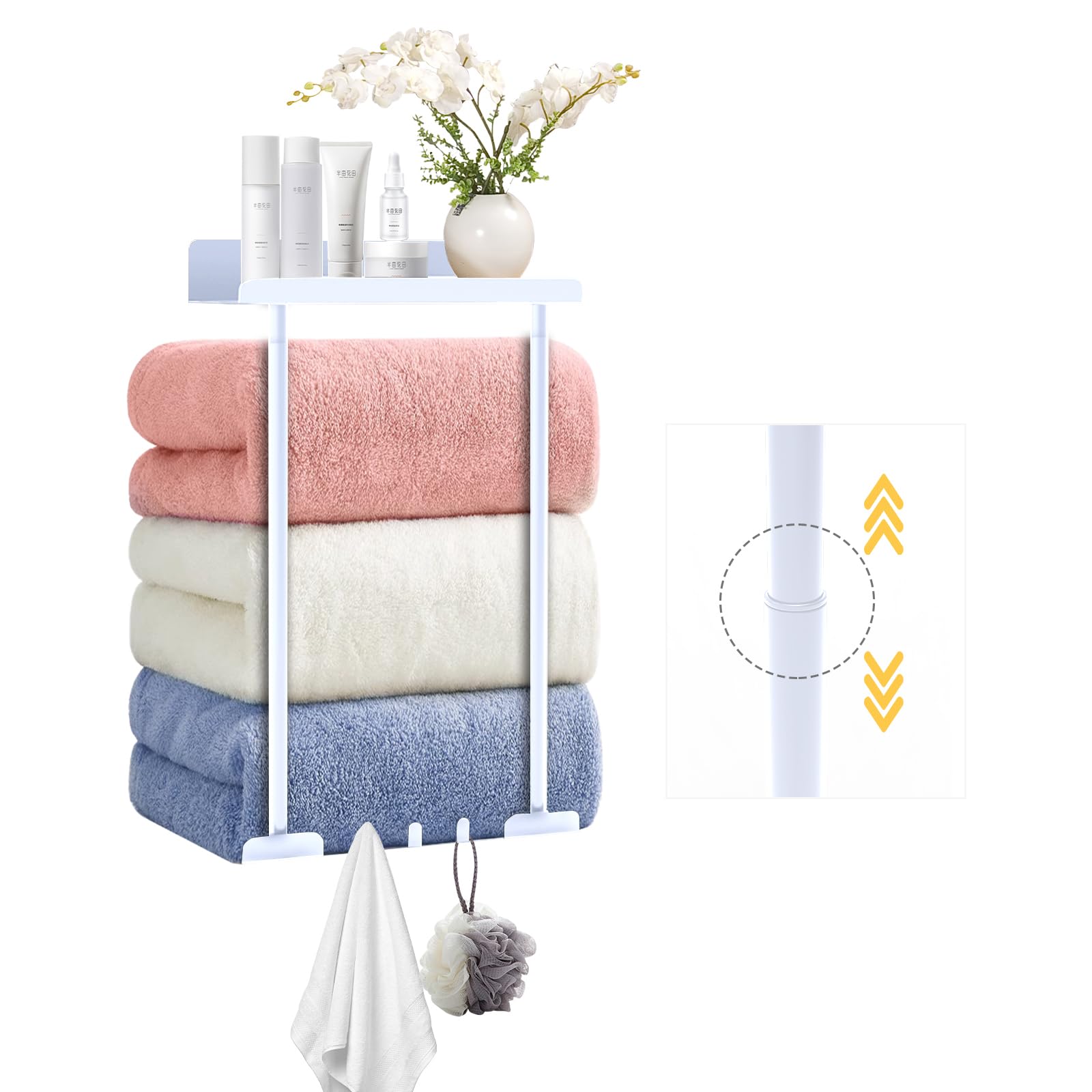 Amazon.com: Asidrama 毛巾架適用於捲式毛巾架壁掛式可伸縮高度金屬浴巾架附可靠掛鉤收納適用於小型浴室毛巾收納- 白色: 居家與廚房