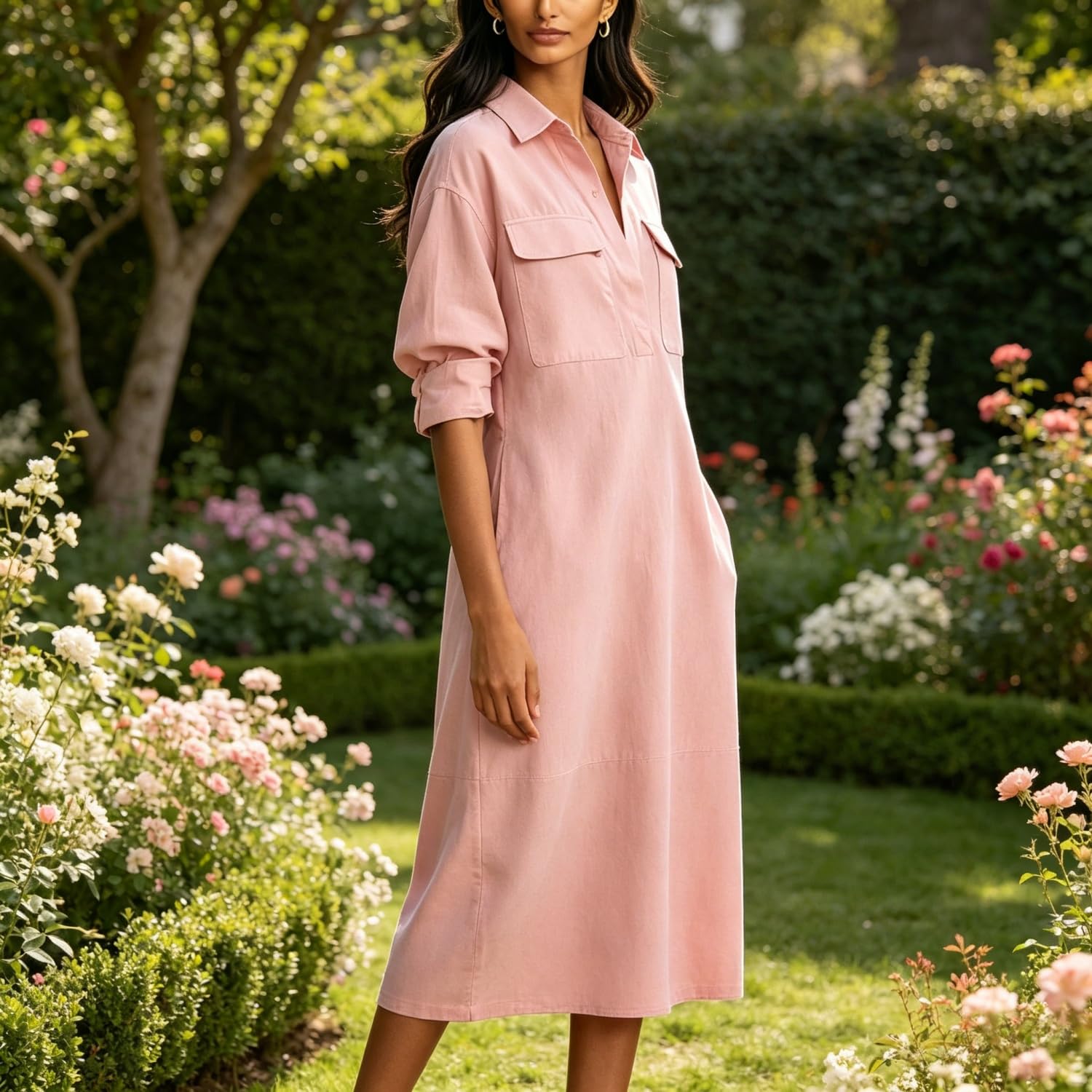 Vestido Midi Elegante para Mujer: Mezcla de Algodón y Lino, Cuello Camisero, Manga Corta, Escote en V con Solapas y Bolsillo