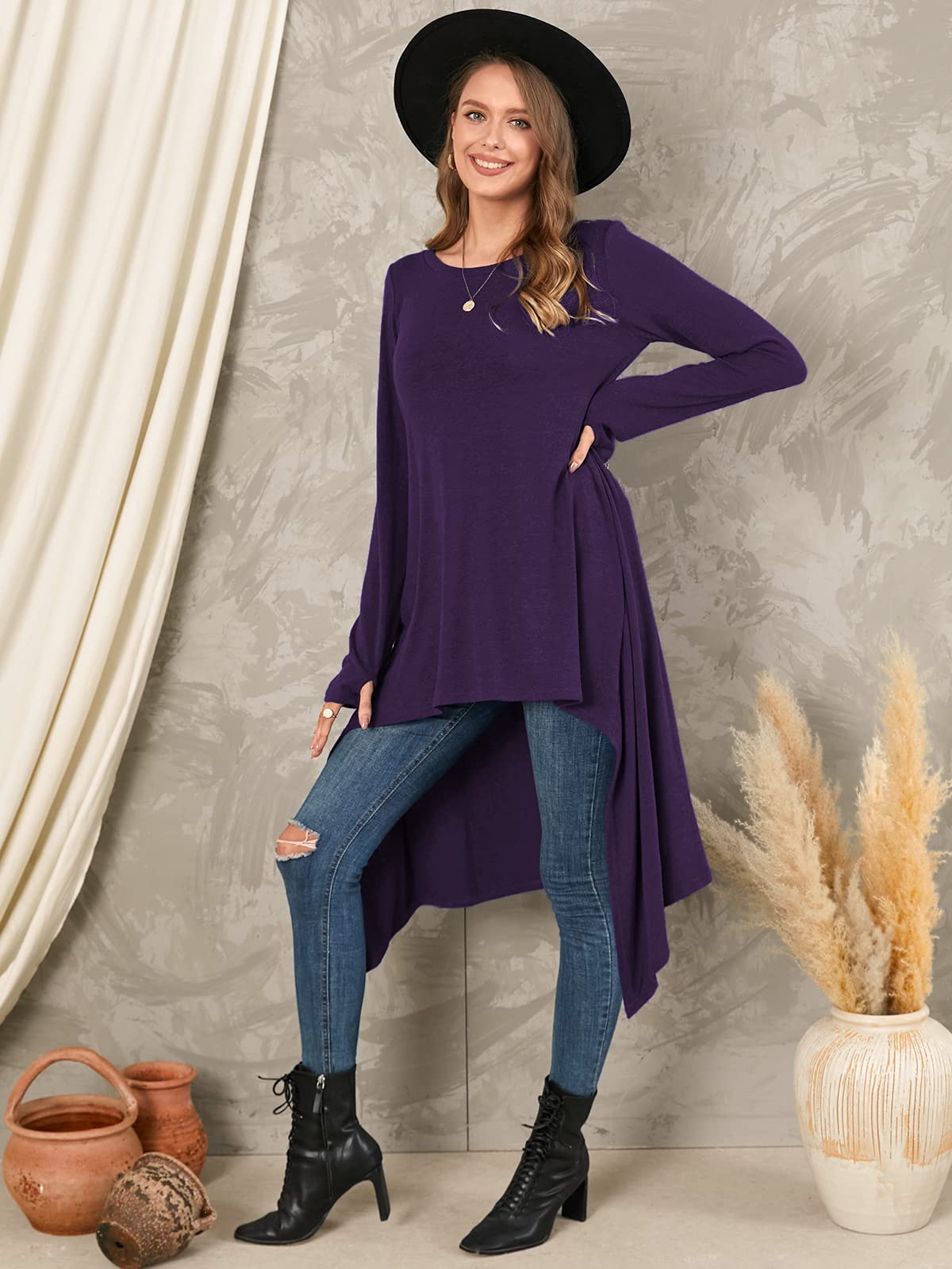 ZANZEA Femme Robe Pull en Maille Oversize HiverTunique Longue Grande Taille Robe Sweat Asymetrique Style de Base Violet XXL