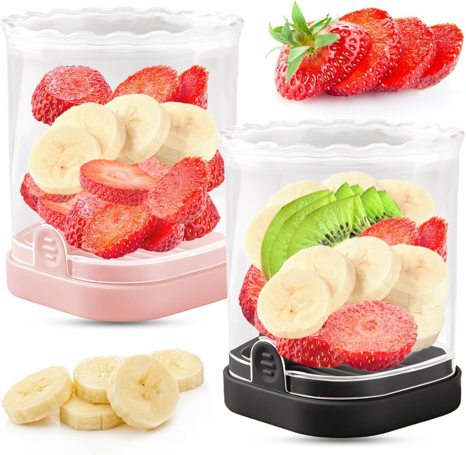 Fruit Slicer Cup Detachable Strawberry Slicer Banana Egg Slicers with Push Plate, for Vegetable Cutting Kitchen Gadget (Pink+Black)