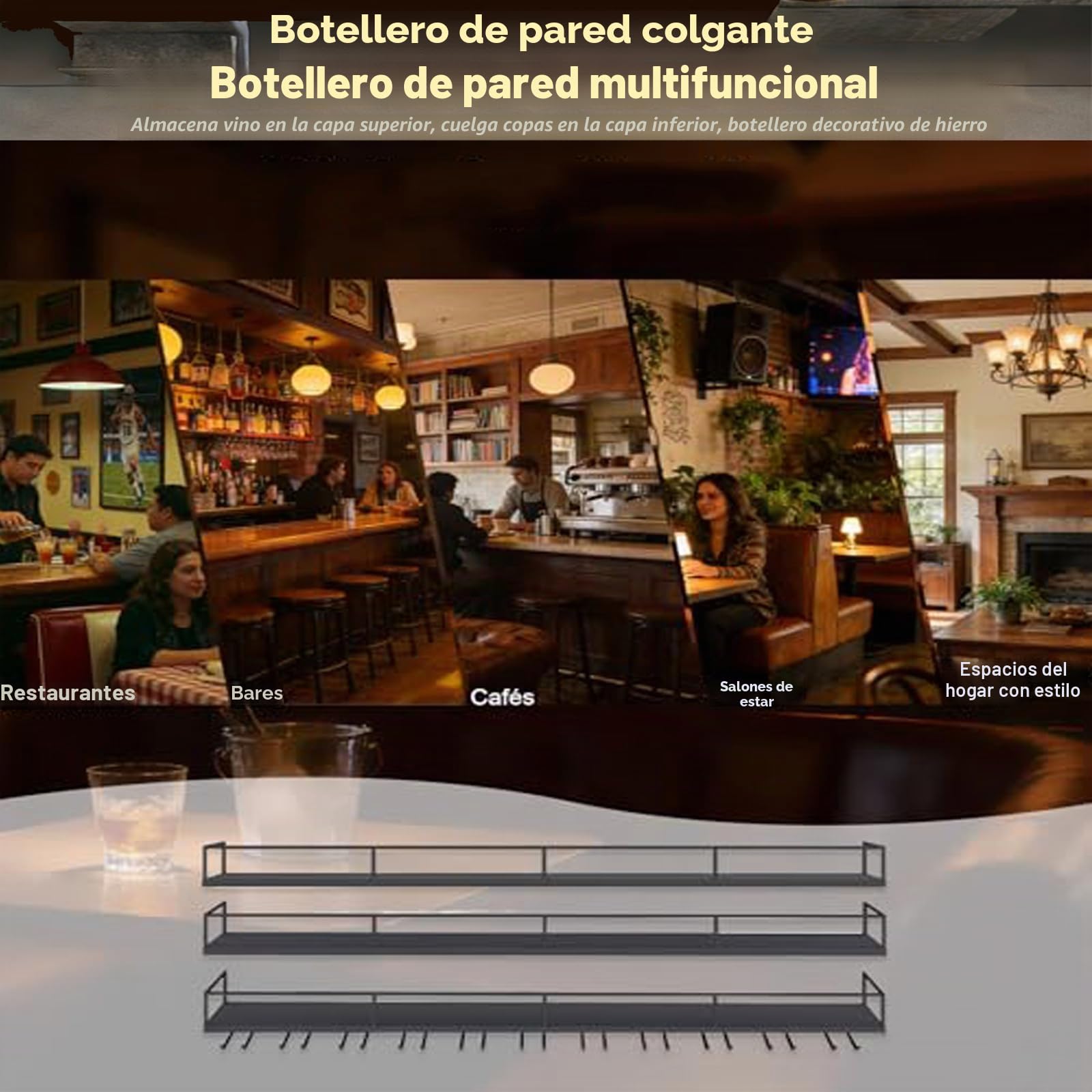 Botellero de Pared Industrial con Luz LED, Estante de Vino de Metal 3 Niveles con Portavasos, Multifuncional, Negro/Dorado, Varios Tamaños para Cocina, Bar, Cafetería (Negro, 140CM)