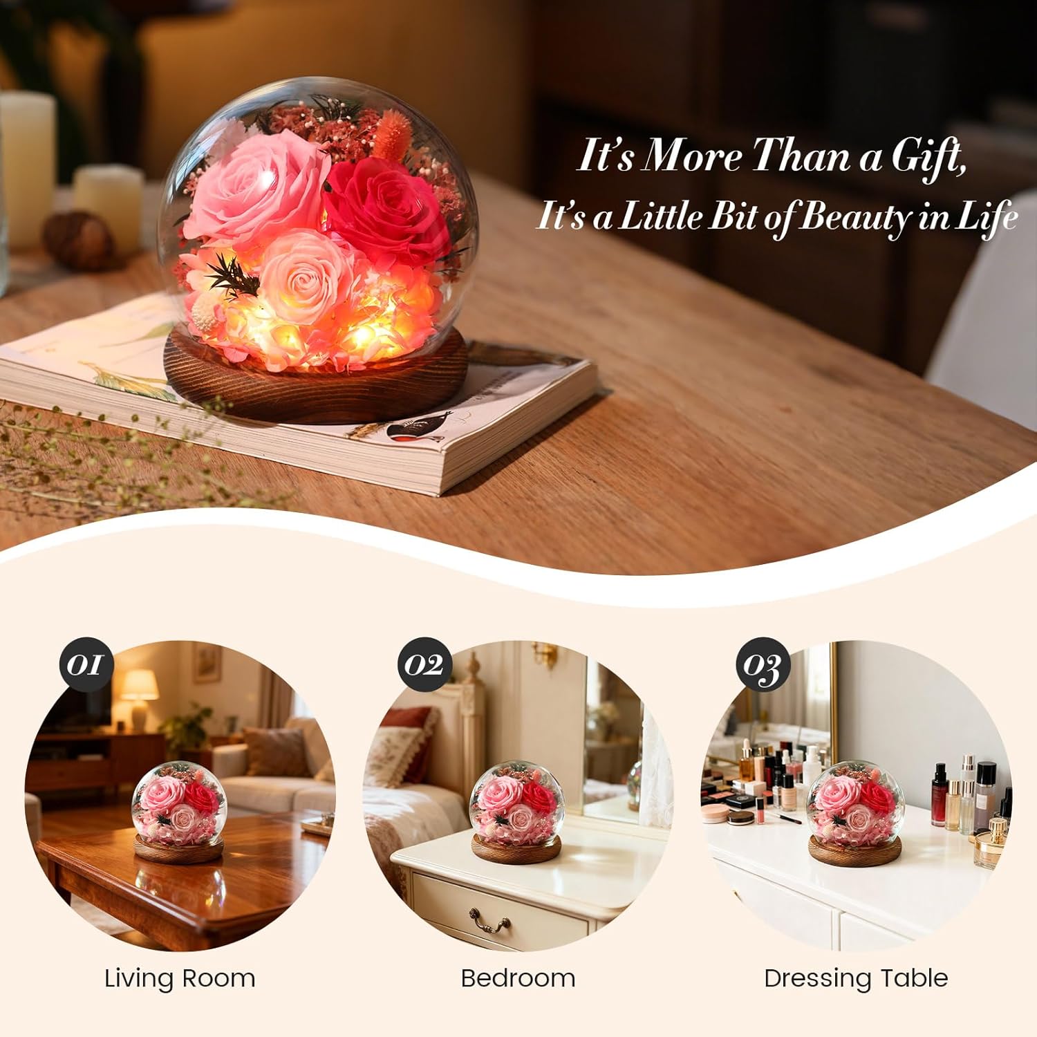 Valentines Day Flowers Gifts for Women,Forever Real Preserved Roses in Glass Dome,Valentines Roses Gifts for Her Wife Girlfriend Women Best Friend/Pink - Image 6