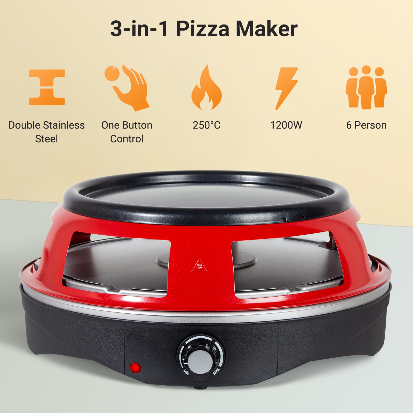 Todeco Elektryczny piec do pizzy 3 w 1, 1200 W, 6 mini łopatek do pizzy, 6 patelni do sera, zdejmowane naczynie do pieczenia, do mini pizzy 10 cm, grillowanie i naleśniki, dla 6 osób