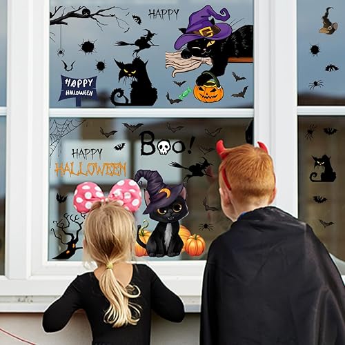 Miniatura 4 de 6 hojas de calcomanías de ventana de Halloween de doble cara extraíbles para ventanas de Halloween, castillo, fantasma, calabaza, gato, decoración
