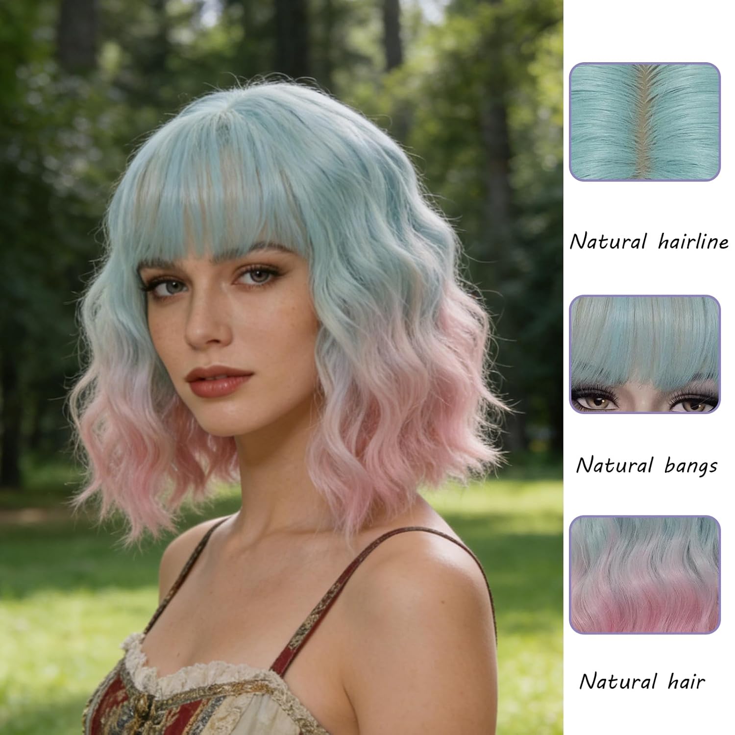 Cying Lin Short Bob Wavy Curly Wig Light Blue Ombre Pink Air Bangs Wig For Women Cosplay Halloween Wigs Heat Resistant Bob Party Wig (Light Blue Ombre Pink)