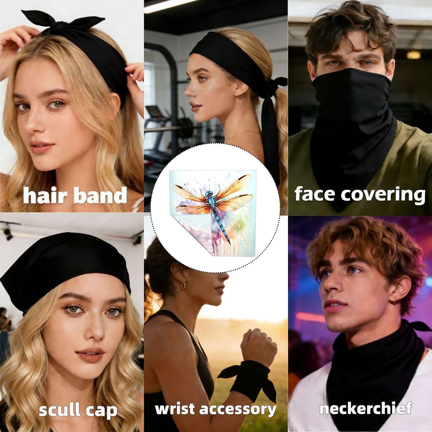 Cooling Bandanas for Men Women Square Hair Scarf 22" x 22" Novelty Headband Dragonfly Watercolor Painting Neckerchief