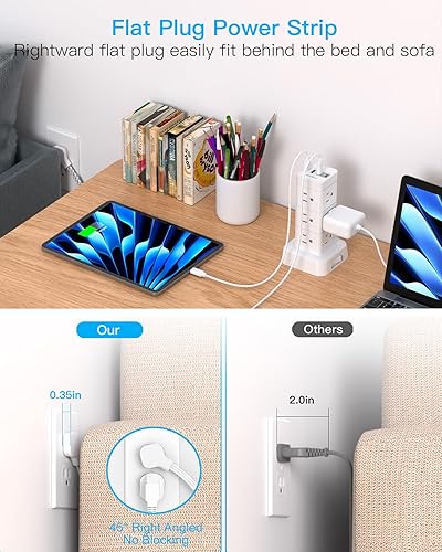 Miniatura 3 de Torre de regleta de alimentación con protector de sobretensiones, 12 tomacorrientes, 4 USB (2 USB C) estación de carga de escritorio para múltiples