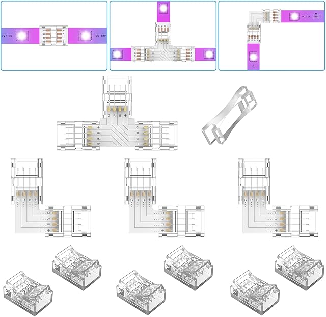 REDTRON 4 Pin LED Strip Light Connector Kit, 10mm LED Light Adapter, 6X Gapless Connectors,3X L Shape Connectors,1x T Shape Connector for 5050/3528 Waterproof LED Strip(Upgraded)