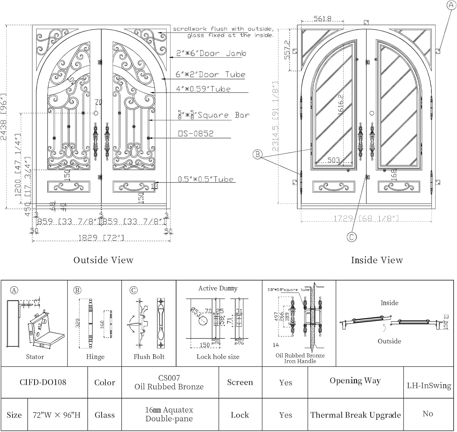 CHETTO C Iron Double Door Exterior Entry Front Door Prehung Aquatex Glass, Oil Rubbed Bronze, 72" W x 96" H