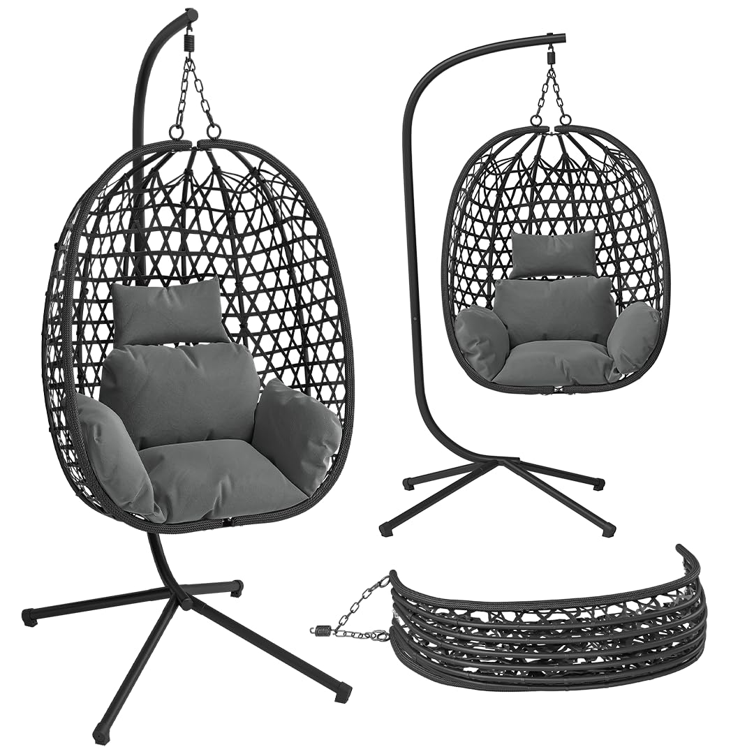 STEELSØN Sarin Hängesessel mit Gestell – Hängestuhl Rattan Outdoor & Indoor mit Kissen – Hängekorb Schwarz – Gartenschaukel für Erwachsene & Kinder – Korbhängesessel faltbar – Hanging chair bis 150 kg