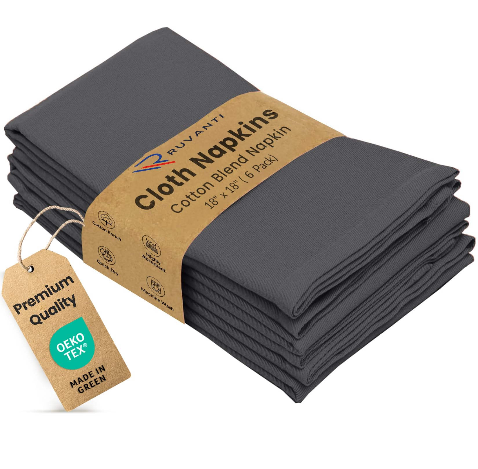 Ruvanti Cloth Napkins Set of 6, 18x18 Inches Napkins Cloth Washable, Soft, Durable, Absorbent, Cotton Blend. Table Dinner Napkins Cloth for Hotel, Lunch, Restaurant, Wedding Parties - Dark Grey