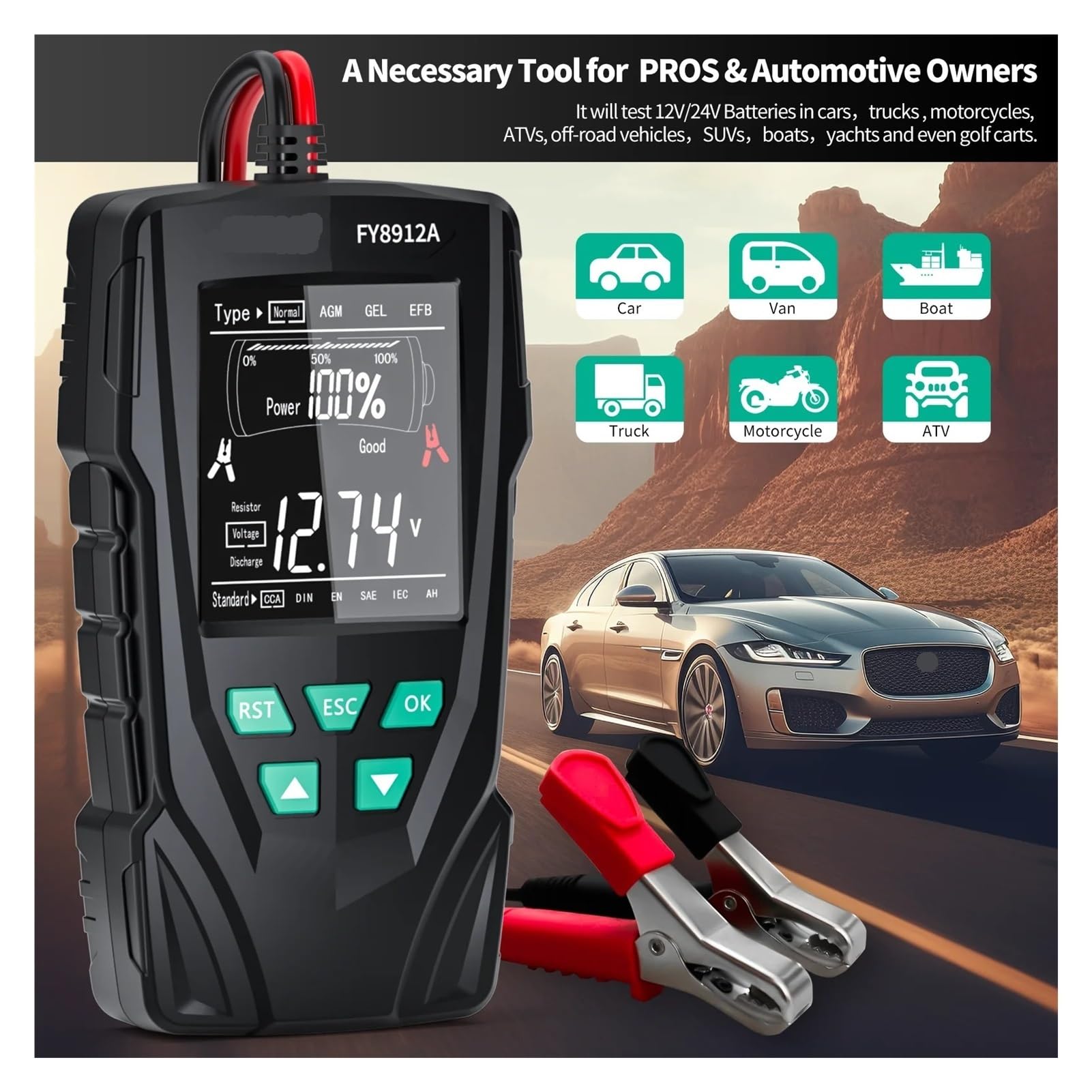 Comprobador de baterias Probador de batería de Coche de 12 V y 24 V, máquina de monitoreo de batería de Coche, Motocicleta, camión, herientas de Prueba de Capacidad de batería