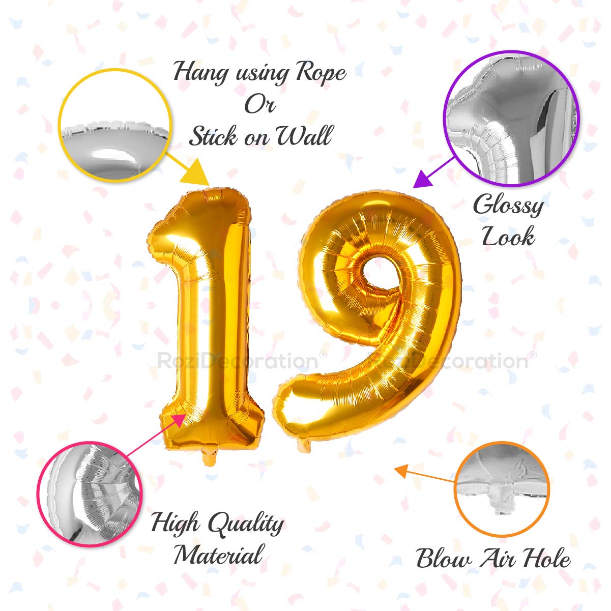 Rozi Decoration 19 Number Golden Foil Balloons 16? Inch Helium Supported for 19th Birthday Decoration Items | 19th Anniversary Decoration | 19 Number Balloon Pack of 2 Pcs 2