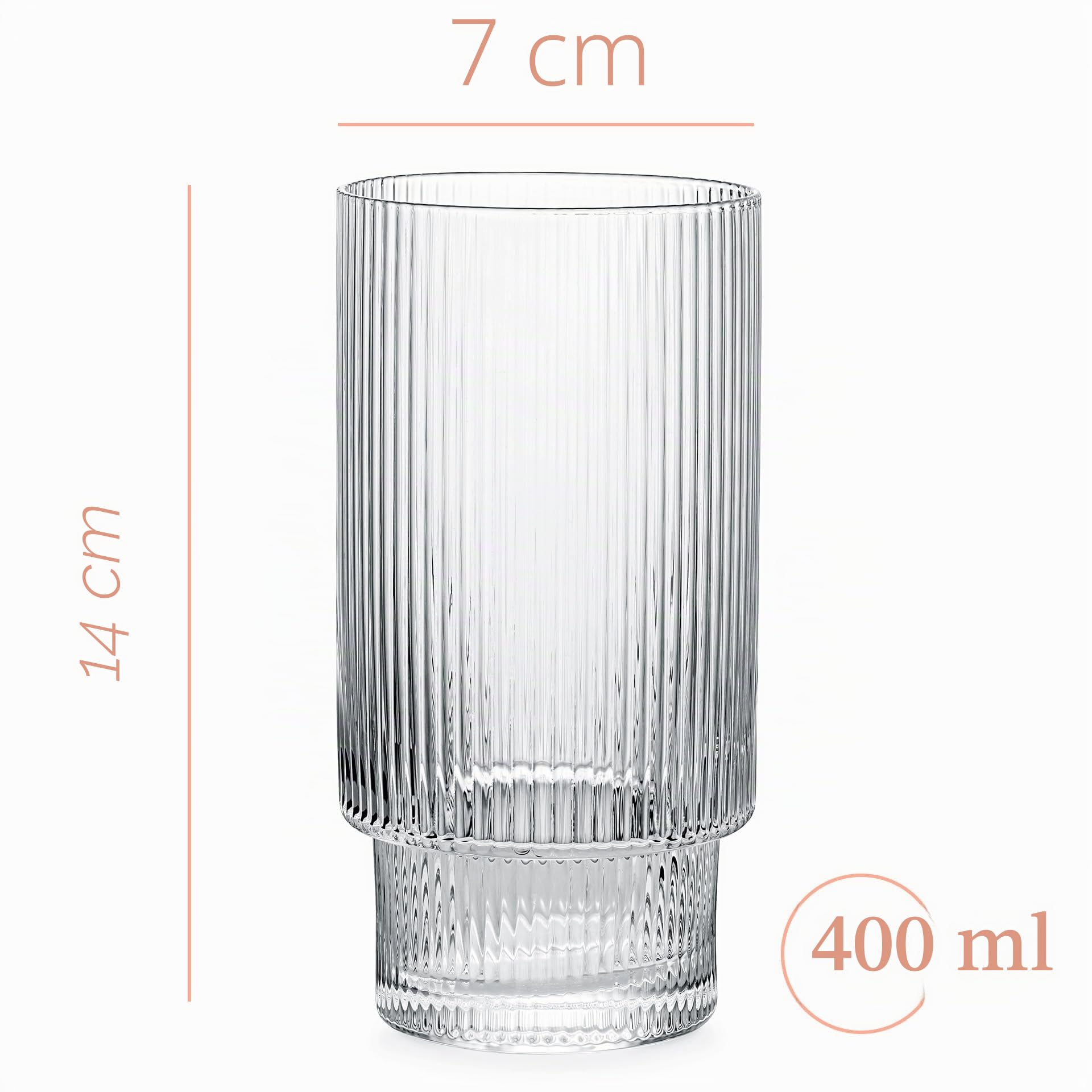 GLASSIQUE CADEAU Vintage Art Deco Collins Gin Longdrink Gerippte Cocktailgläser | 4er Set | 400 ml Schmale Hohe Geriffelte Highball Longdrink Gläser für Mojito Cocktails