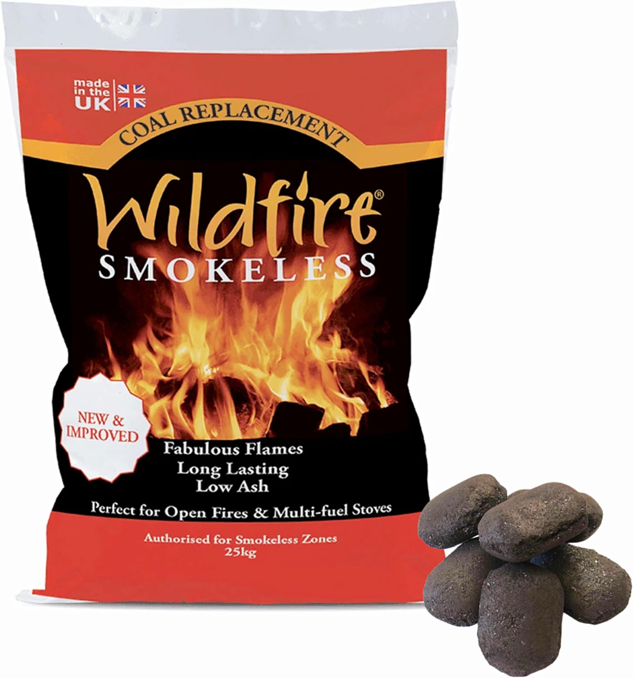 Wild Fire Smokeless Fuel Coal 20kg - High Performance Wildfire Smokeless Coal Biquettes for Open Fires, Multi-Purpose Stoves, Room Heaters, Closed Appliances