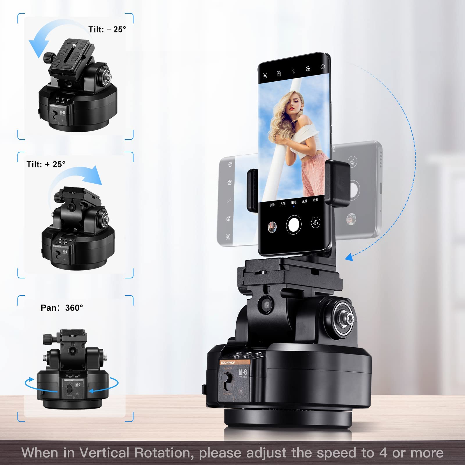 Auto Face Tracking Cabezal de Trípode Panorámico Giratorio Motorizado, Rastreo Corporal Inteligente AI Cabezal Panorámico Basculante con Mando a Distancia