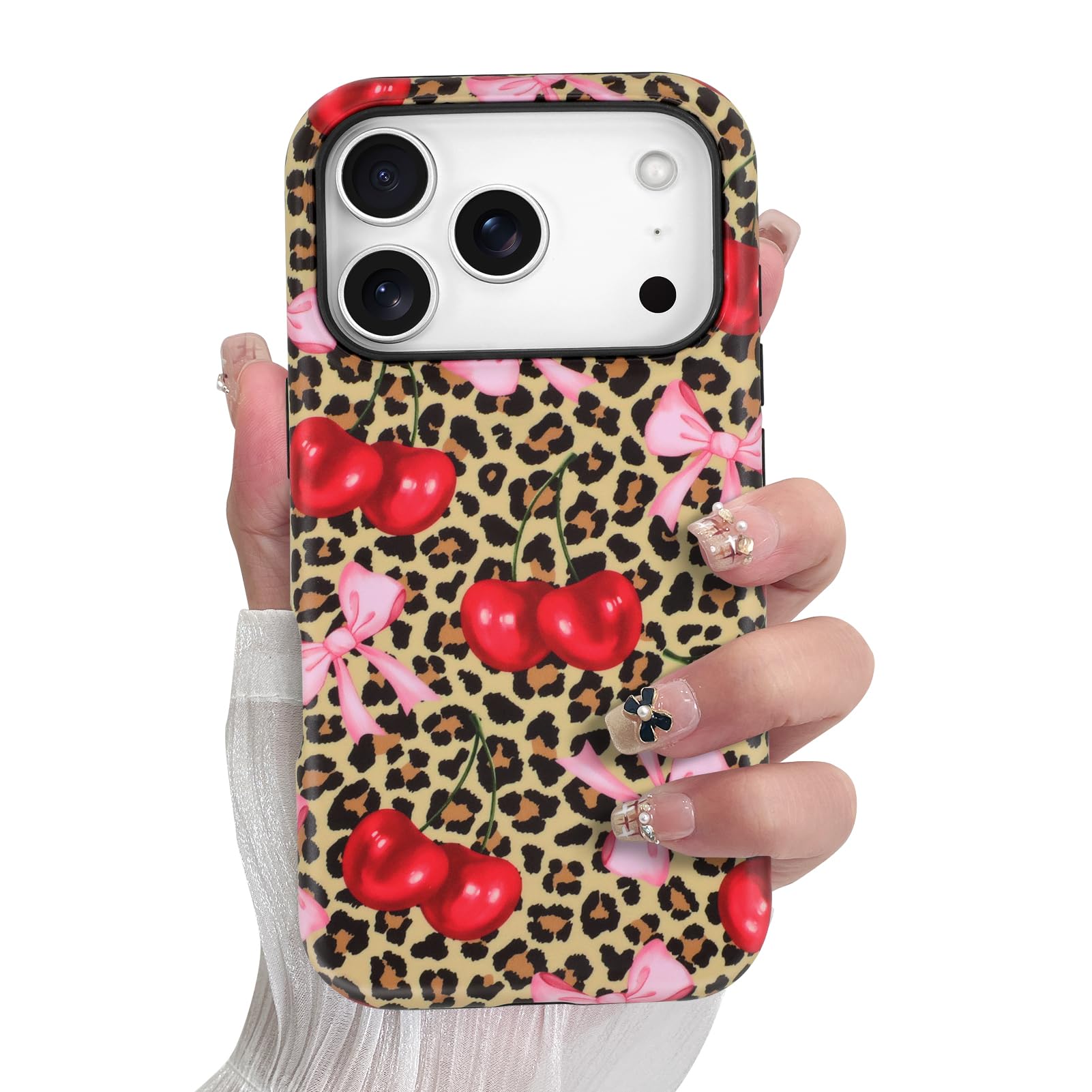 SOKAD Magnetic Cherry Bow Phone Case for iPhone 17 Pro Max, Leopard Print