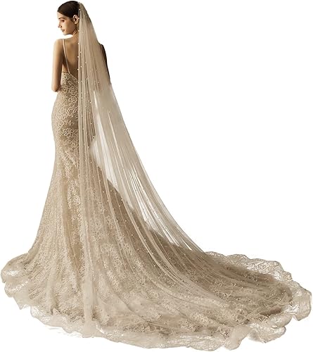 AMBRE ADELE Cathedral Bridal Long Tulle Veil With Pearl, Wedding Veil for Brides