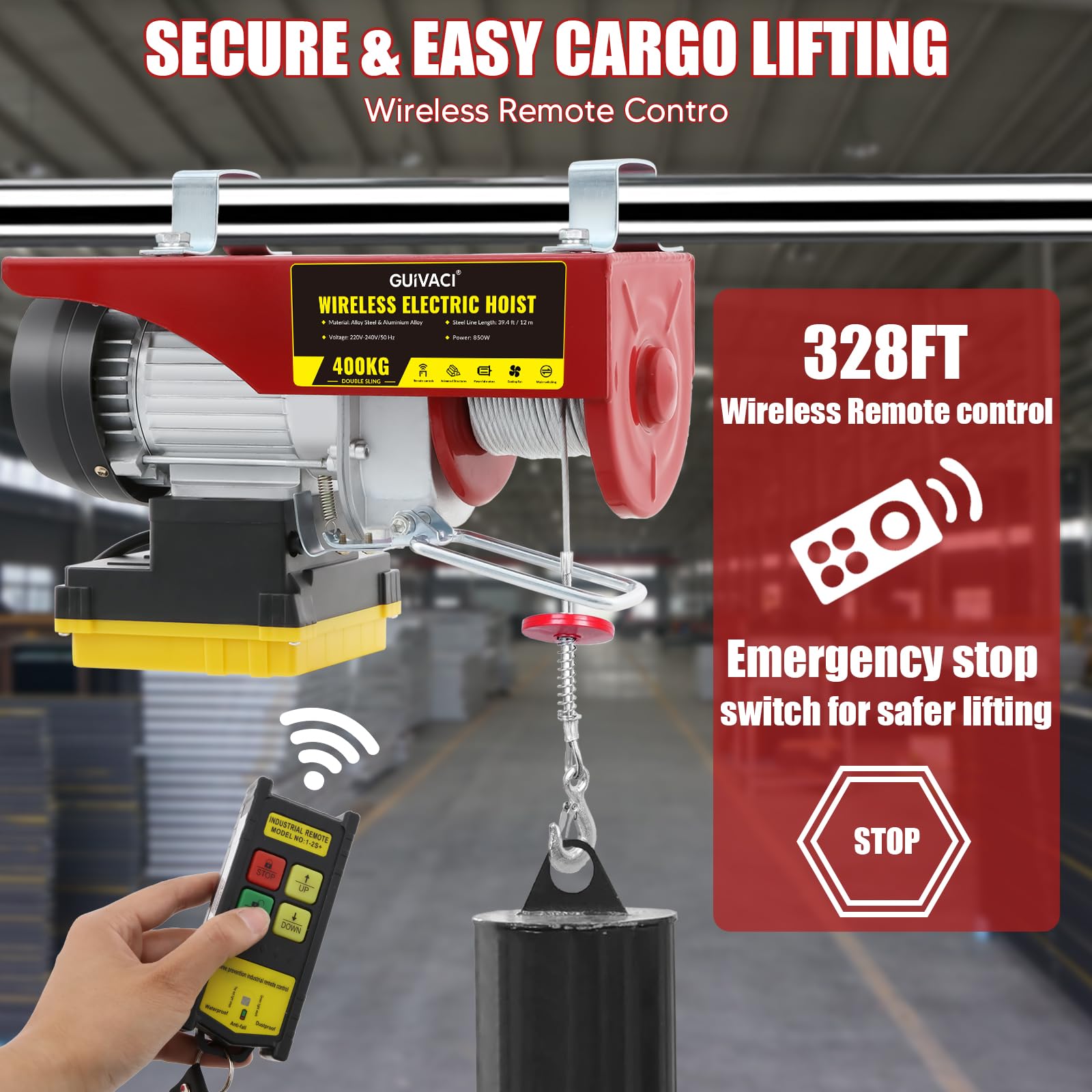Lektrische Seilwinde 400kg Hebeleistung, 850W Motor mit 12m geflochtenem Stahlseil, 10m/min Hubgeschwindigkeit, Hebezug mit kabelloser Fernbedienung und Umlenkrolle