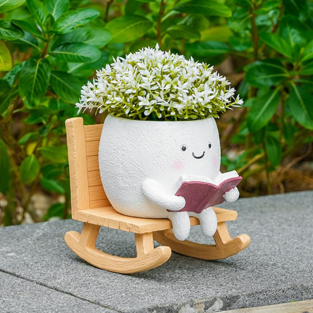Latemeia Rocking Chair Planter, Smiling Face Planter Cute Resin Flower Pot with Drainage Hole for Succulents, Indoor Outdoor Decor, Ornaments extérieurs