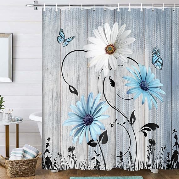 Rustic Farmhouse Floral Shower Curtain, Farm Teal Daisy Floral Butterfly Old Plank Rustic Shower Curtain, Turquoise Blue Fabric Bathroom Accessory Set with Hooks, 36 x 72,Blue