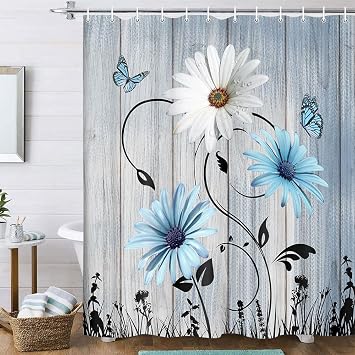 Rustic Farmhouse Floral Shower Curtain, Farm Teal Daisy Floral Butterfly Old Plank Rustic Shower Curtain, Turquoise Blue Fabric Bathroom Accessory Set with Hooks, 36 x 72,Blue