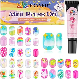 168 Pieces Press on Nails for Kids, EBANKU 7 Pack Kid Fake Nail Kit Summer Shells Butterfly Press on Nails for Girls 6-12 Years with Nail Glue