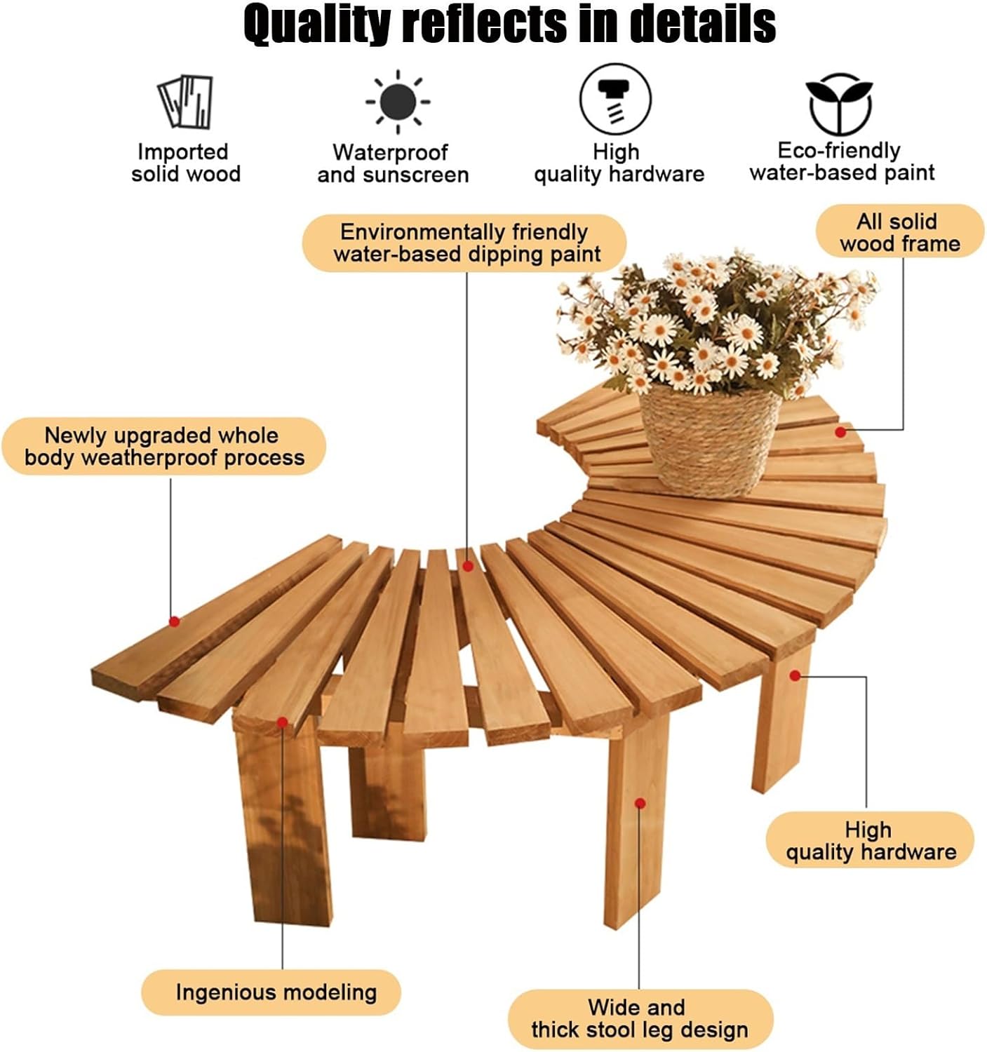 YVYKFZD Outdoor Garden Bench, Wooden Curved Patio Park Bench, Wrap Around Loveseat Porch Benches, Weatherproof Leisure Chair Slatted Seat, Diameter 120cm(Wood Color,Half Round)