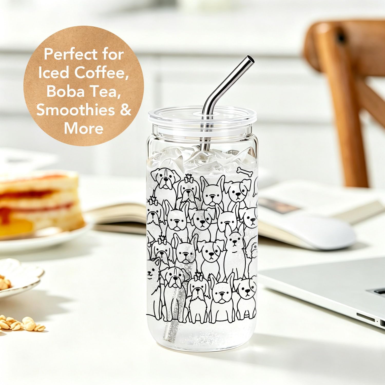 Cute Dog Lover Gifts for Women 16Oz Glass Cups with Lids and Straws, Funny Full Dog Breed Doodle Iced Coffee Cup Tumbler for Friends, Christmas Birthday Gifts for Dog Mom Pet Owners Dog Lovers