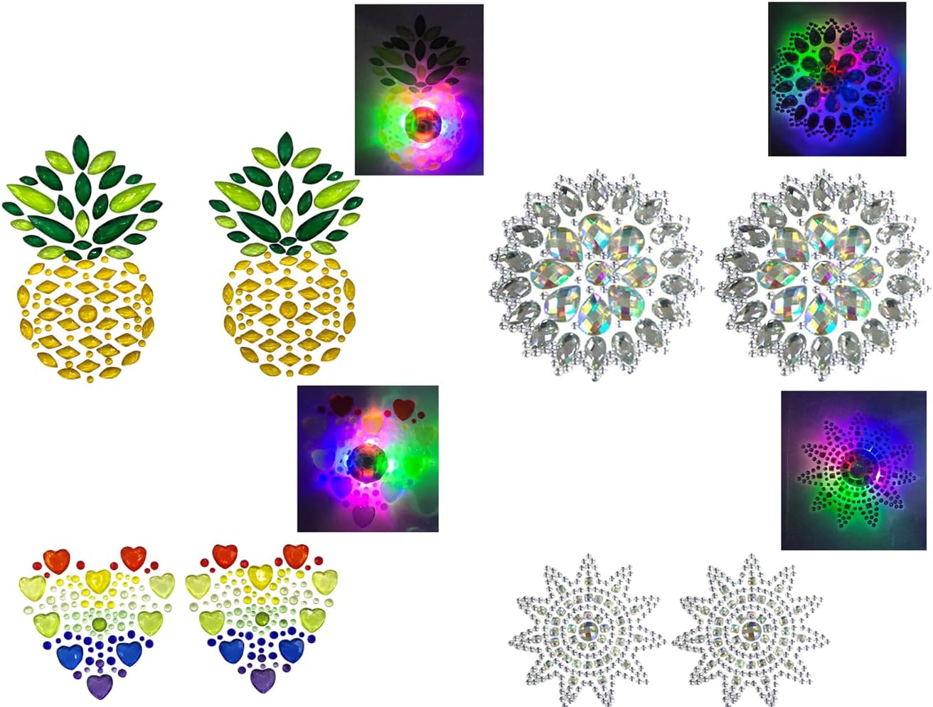 4 Pairs REUSABLE LED Pasties Star/Sun & Pineapple & Round & Rainbow Heart Light Up W/Bright Colors, Rhinestone Pasties, Glow, Pasties Nipple Covers, EDC Outfit, Pride